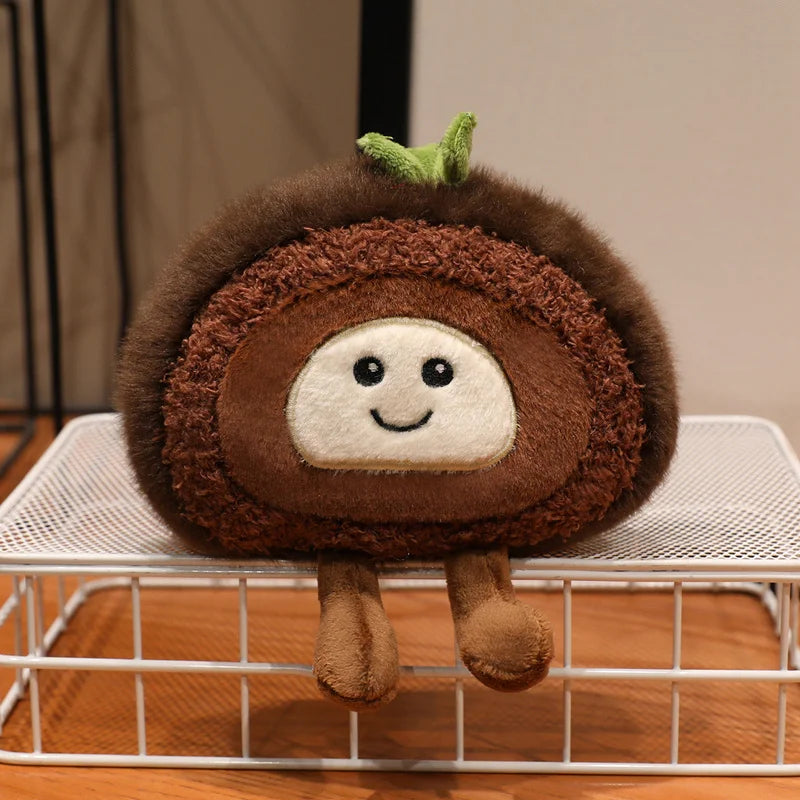 Kawaii plush toy resembling a brown acorn with a smiling face on a white wire basket.