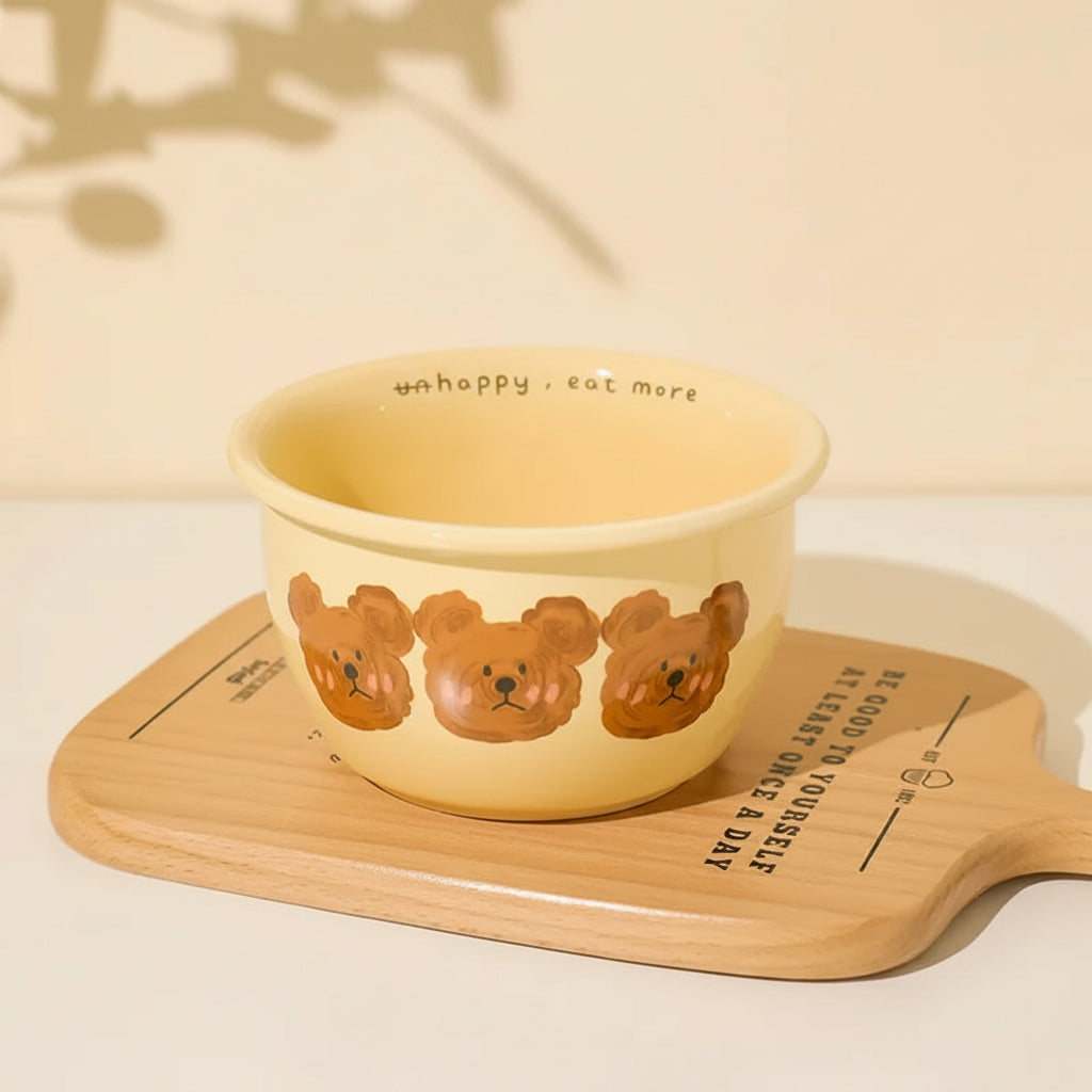 Yellow kawaii ramen bowl with bear designs on a wooden tray, showing measurements.