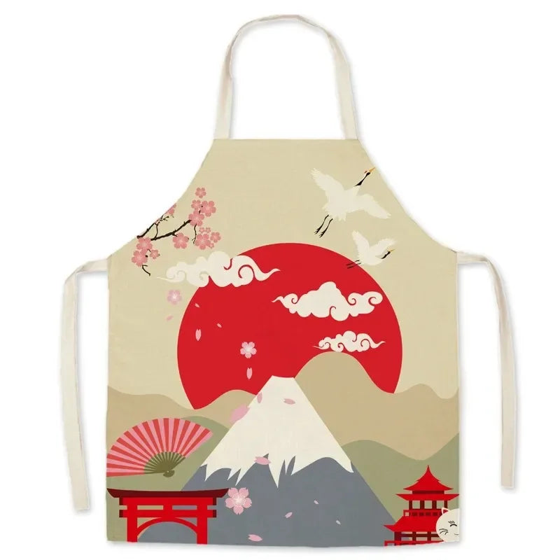 Kawaii apron with Japanese-themed design featuring Mount Fuji, cherry blossoms, and a red sun on a beige background.