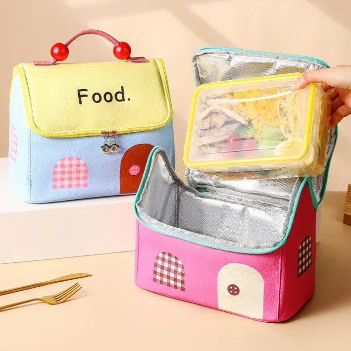 Colorful insulated kawaii lunch bag with 'Food' label on a light background