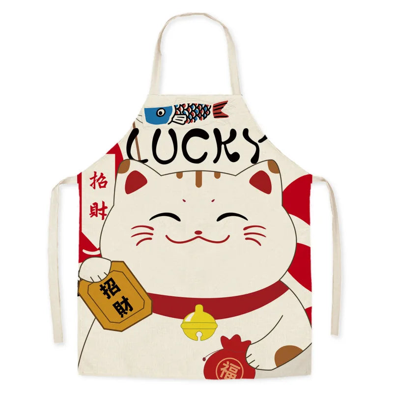 Kawaii apron with a cartoon cat holding a 'LUCKY' sign on a white background