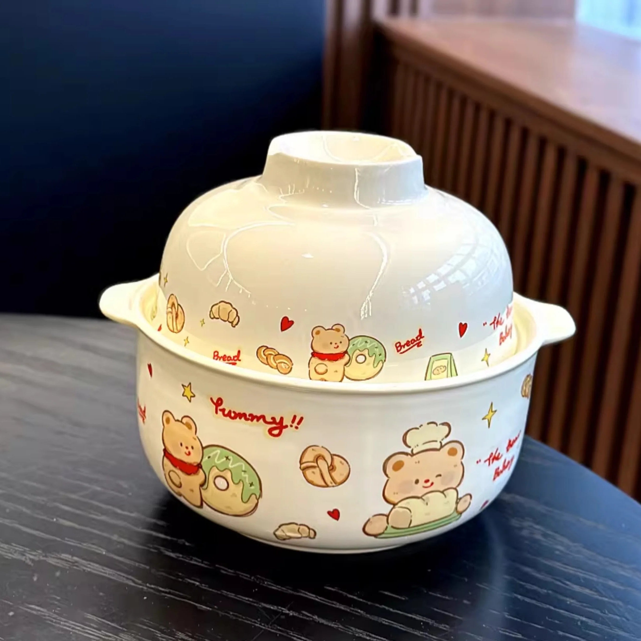 A large bear themed kawaii ramen bowl on a table