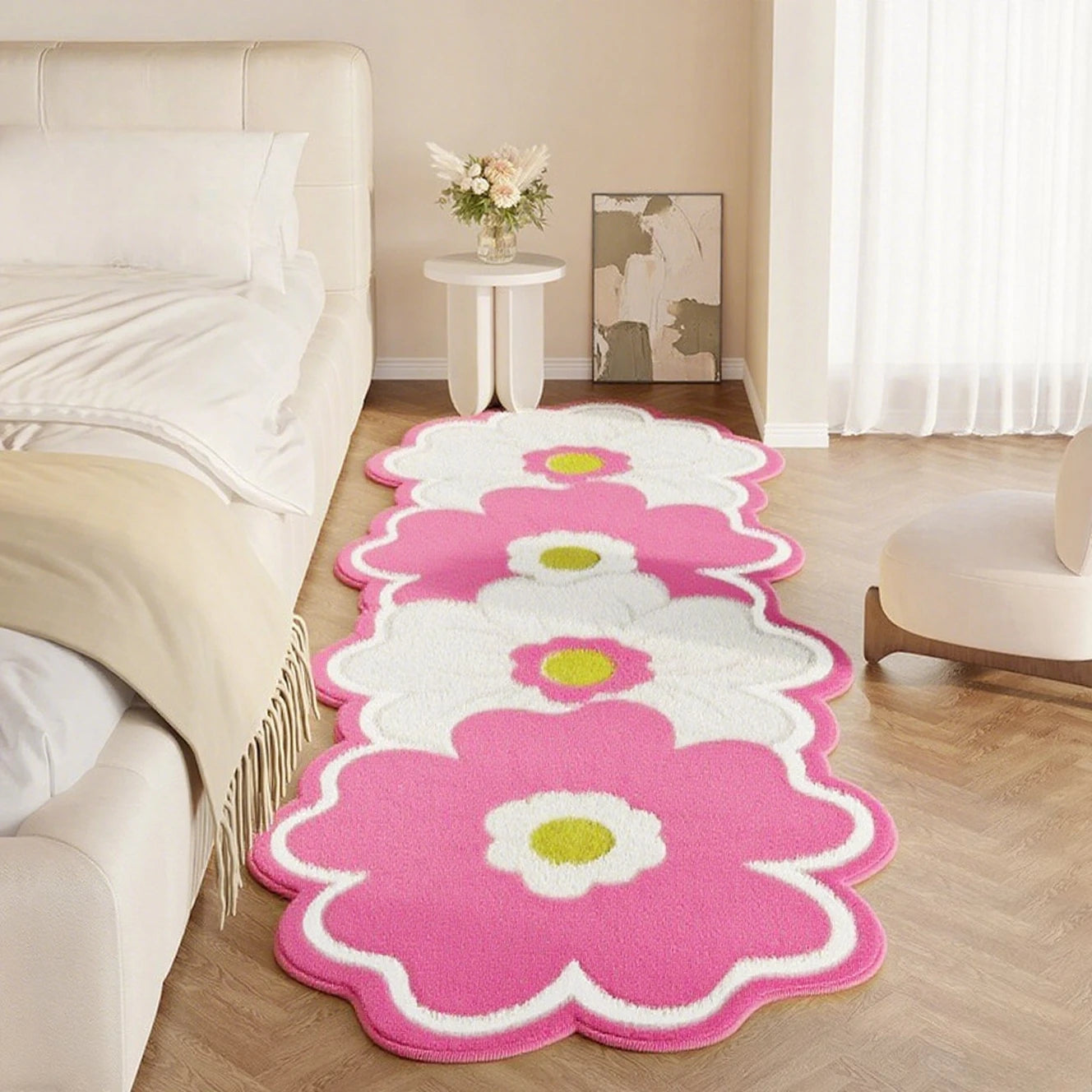 Floral patterned kawaii rug on a wooden floor in a living room setting.