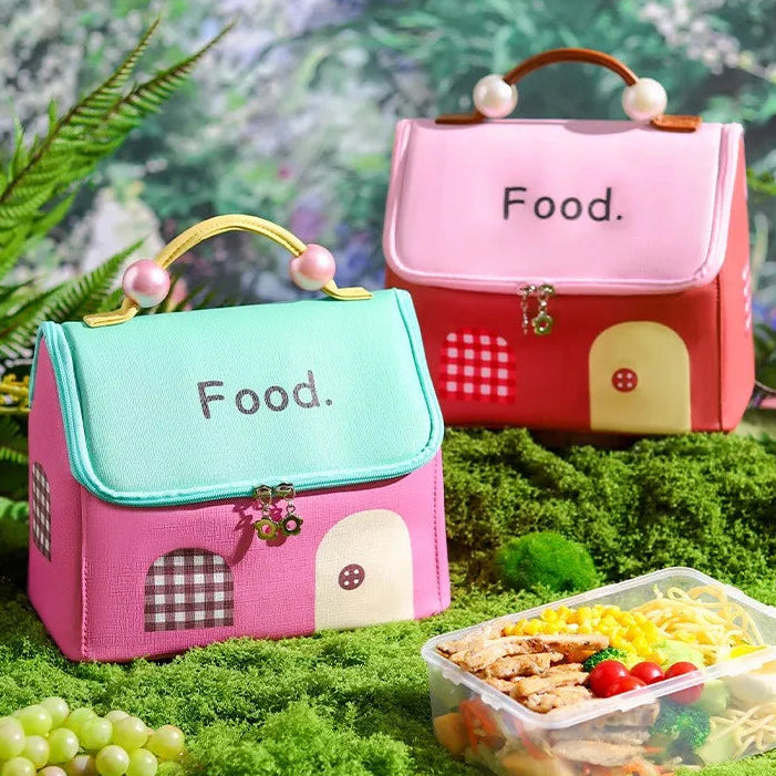 Two colorful food kawaii bags with handles on grass, one pink and one blue, with text 'Food.'