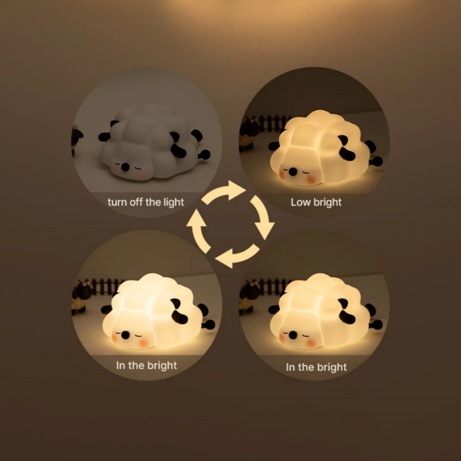 Cute kawaii cloud-shaped night light with different brightness settings on a dark background