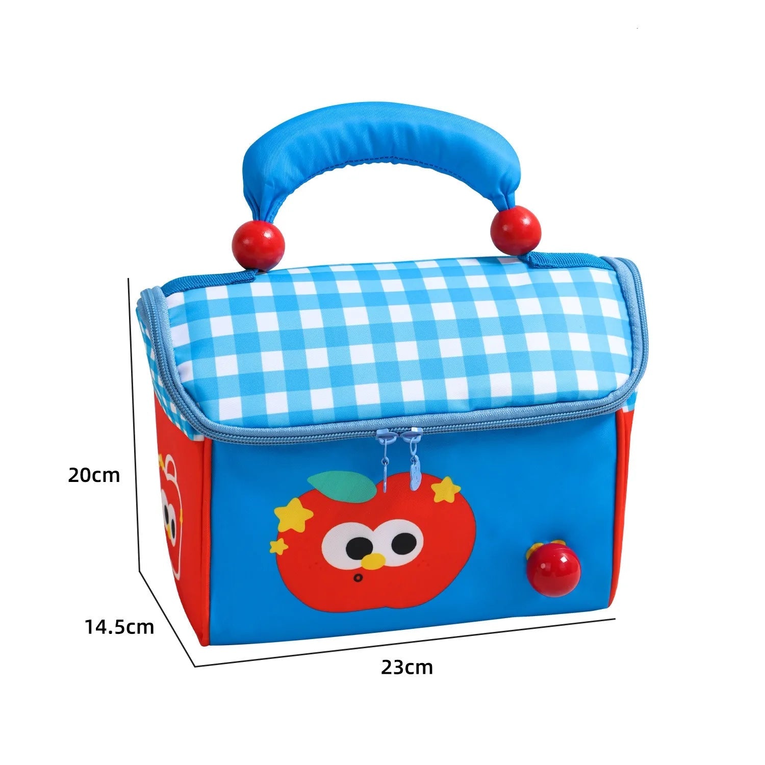 Children's kawaii lunch bag with cartoon design and measurements on a white background
