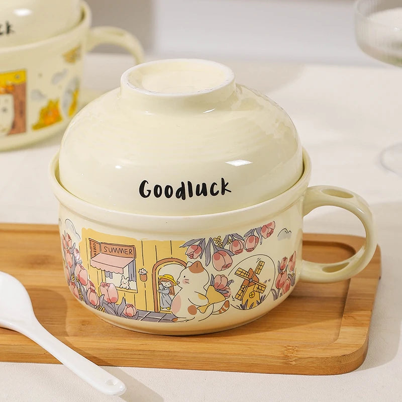 A large white cartoon themed kawaii ramen bowl