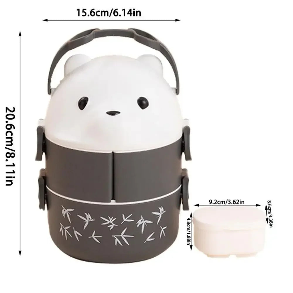 Kawaii lunch box with panda design and measurements on a white background