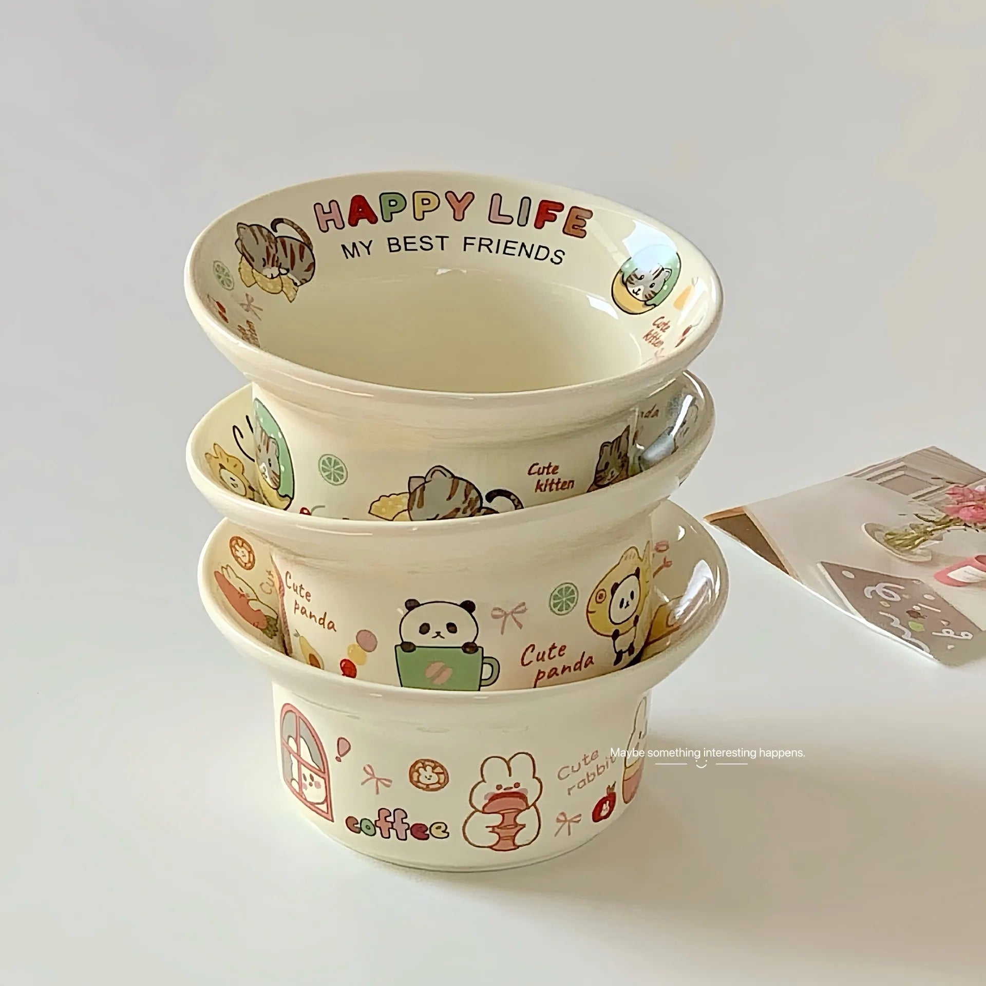 Set of three ceramic kawaii ramen bowls with animal illustrations and 'Happy Life My Best Friends' text on a light gray background.