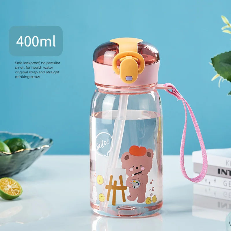 Children's kawaii water bottle with bear design on a light blue background