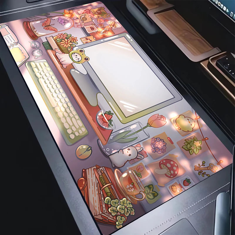 A close-up of a computer keyboard and mouse pad setup with a decorative desk mat featuring an illustrated pastel scene. The mat includes a bunny, flowers, books, a teacup, mushrooms, and small warm light accents, photographed on a dark desk surface.