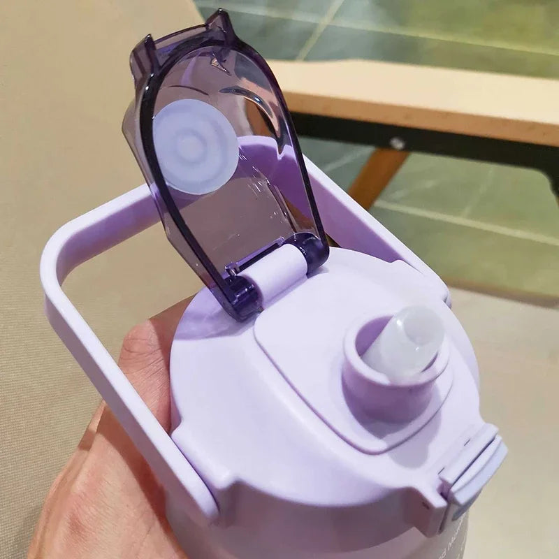 Purple and white kawaii bottle by a hand with a neutral background