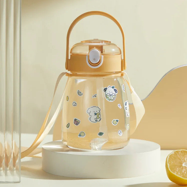 Yellow kawaii water bottle with cartoon designs on a light background