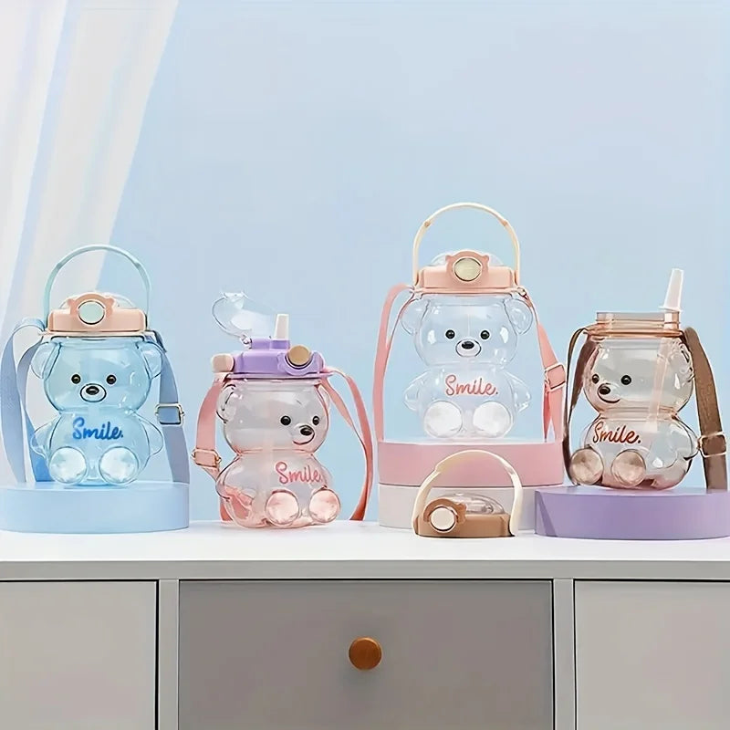 Set of bear-shaped kawaii water bottles with 'Smile' text on a light blue background