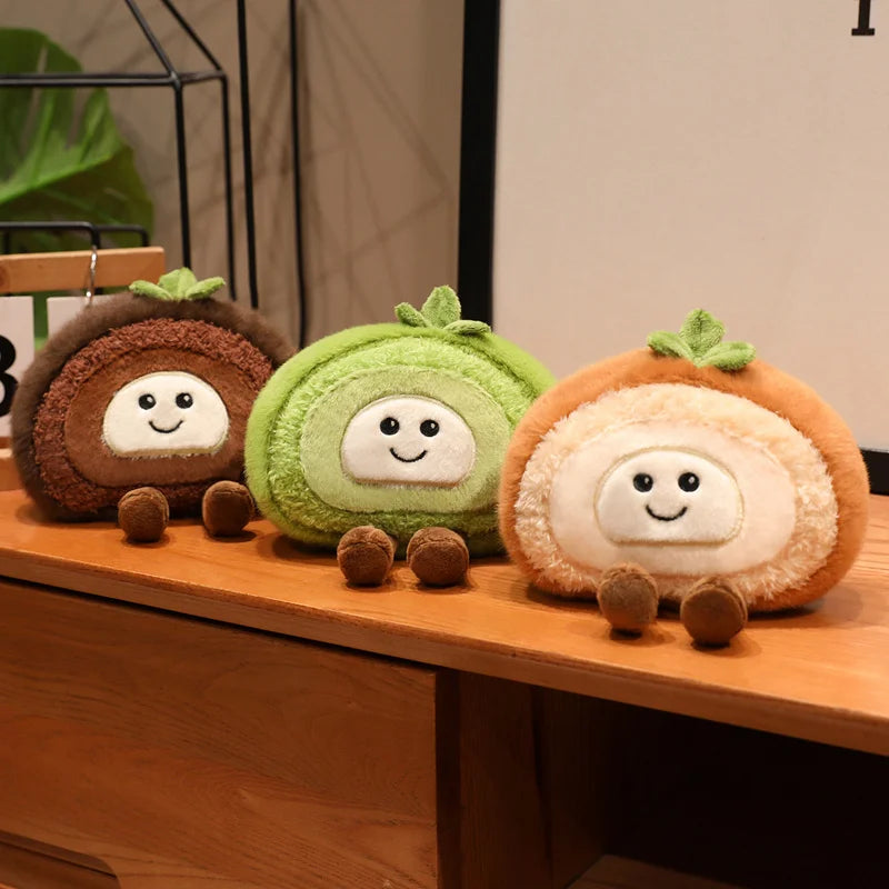 Three kawaii plush toys resembling slices of bread with smiling faces on a wooden surface.