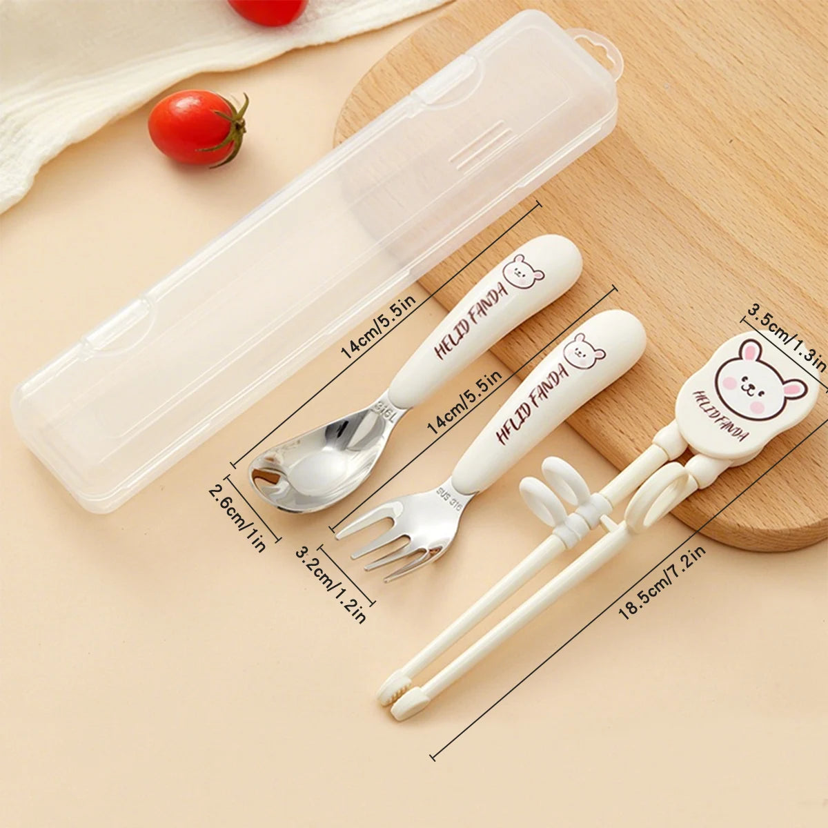 Set of children's kawaii utensils with measurements on a wooden surface
