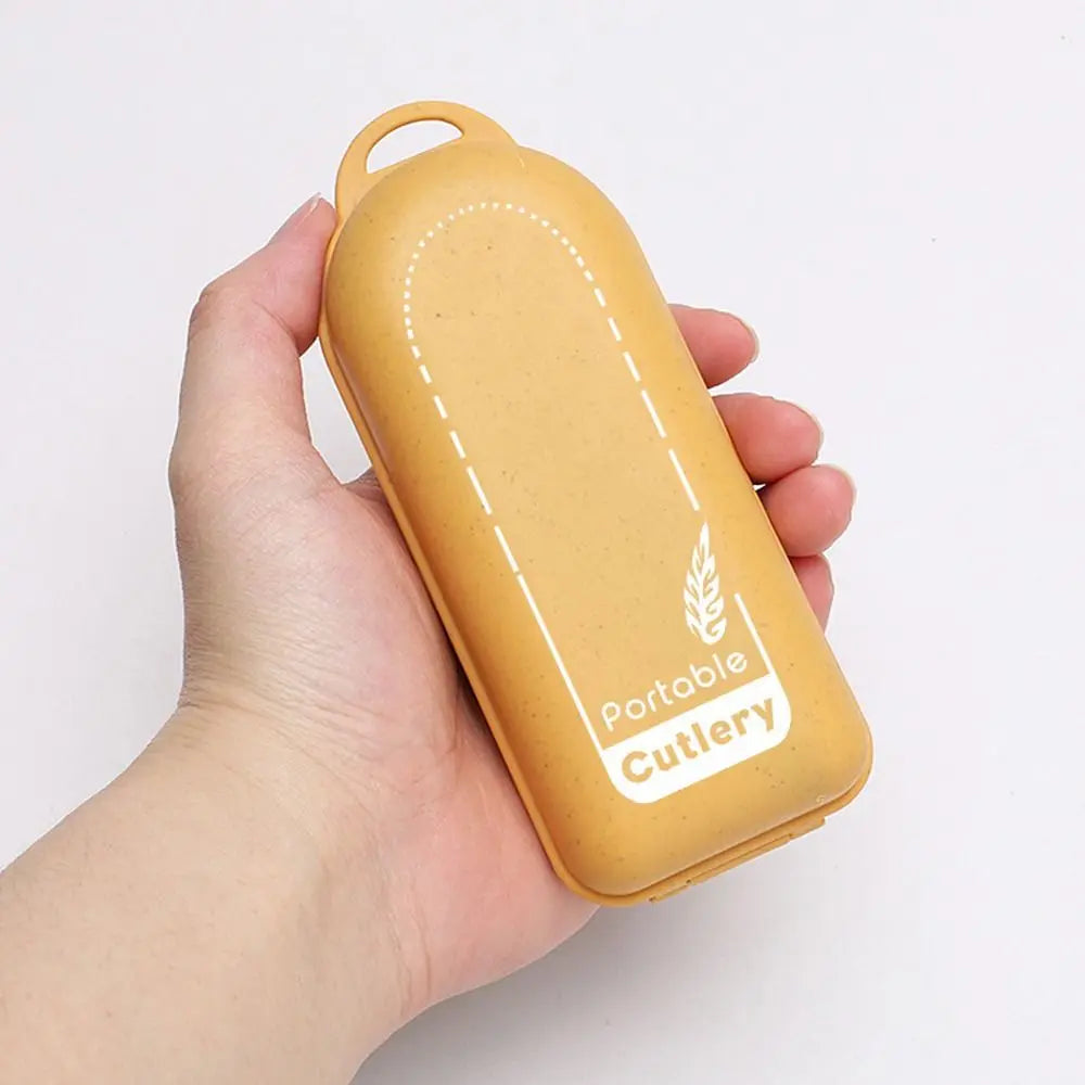 Hand holding a yellow portable kawaii utensils case with 'Portable Cutlery' text on a white background