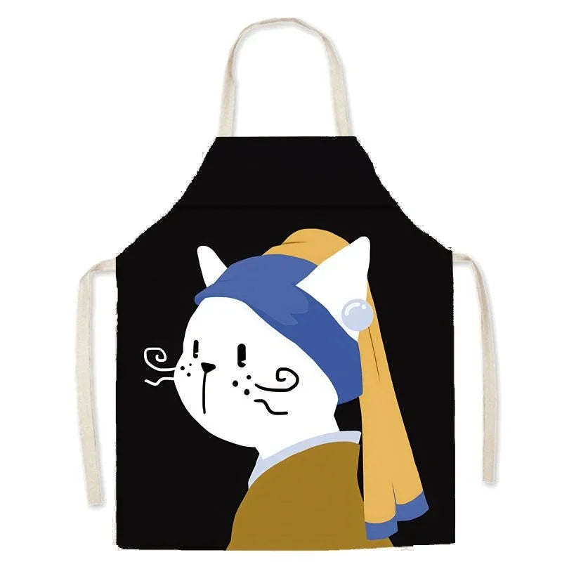 Kawaii apron with a cartoon cat wearing a blue headband and yellow scarf on a black background
