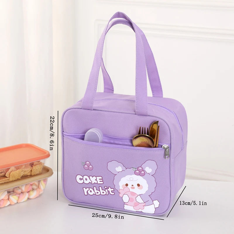 Purple kawaii bag with 'Cake Rabbit' design and measurements on a white background