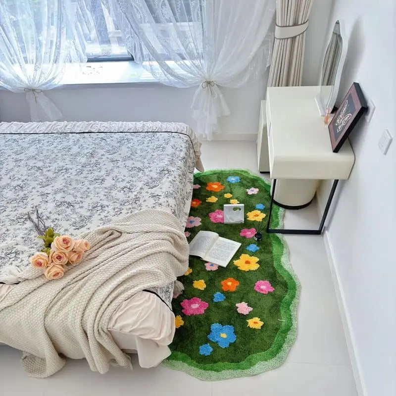 Bedroom with a floral kawaii rug in front of a bed
