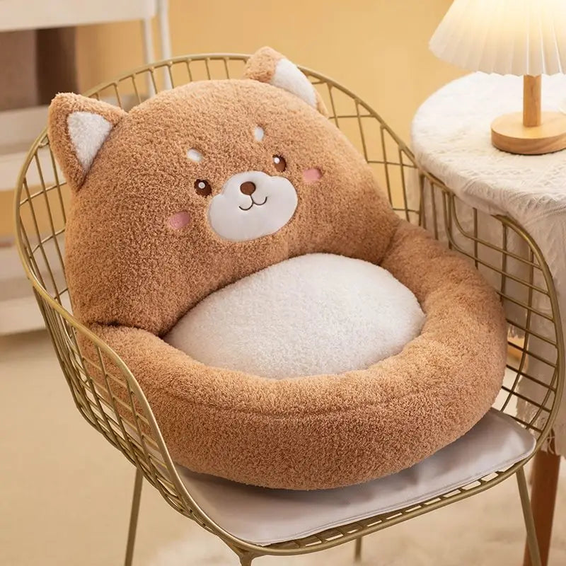 Cute brown bear-shaped kawaii cushion on a chair with a blurred background