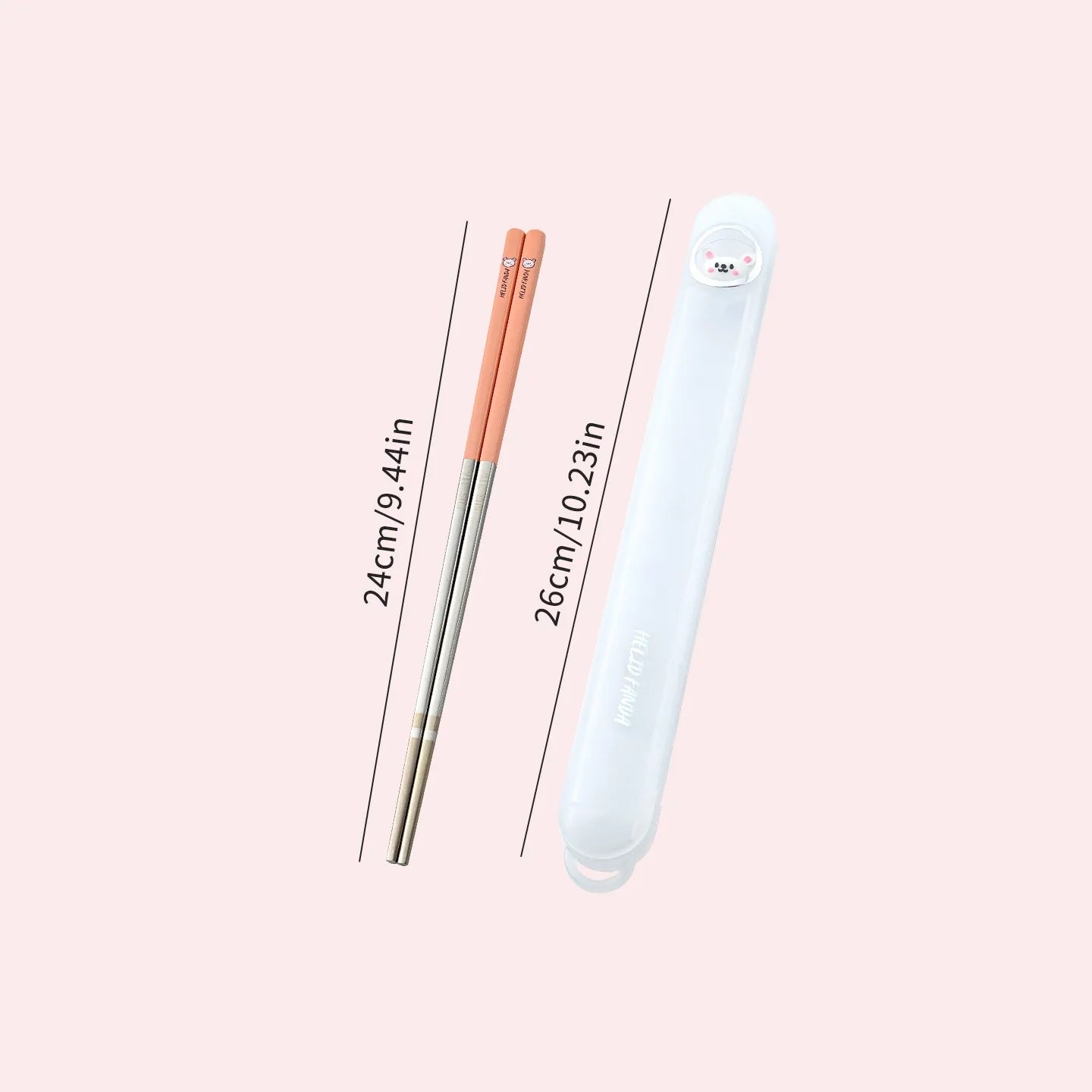 Two pairs of kawaii chopsticks with measurement labels on a pink background