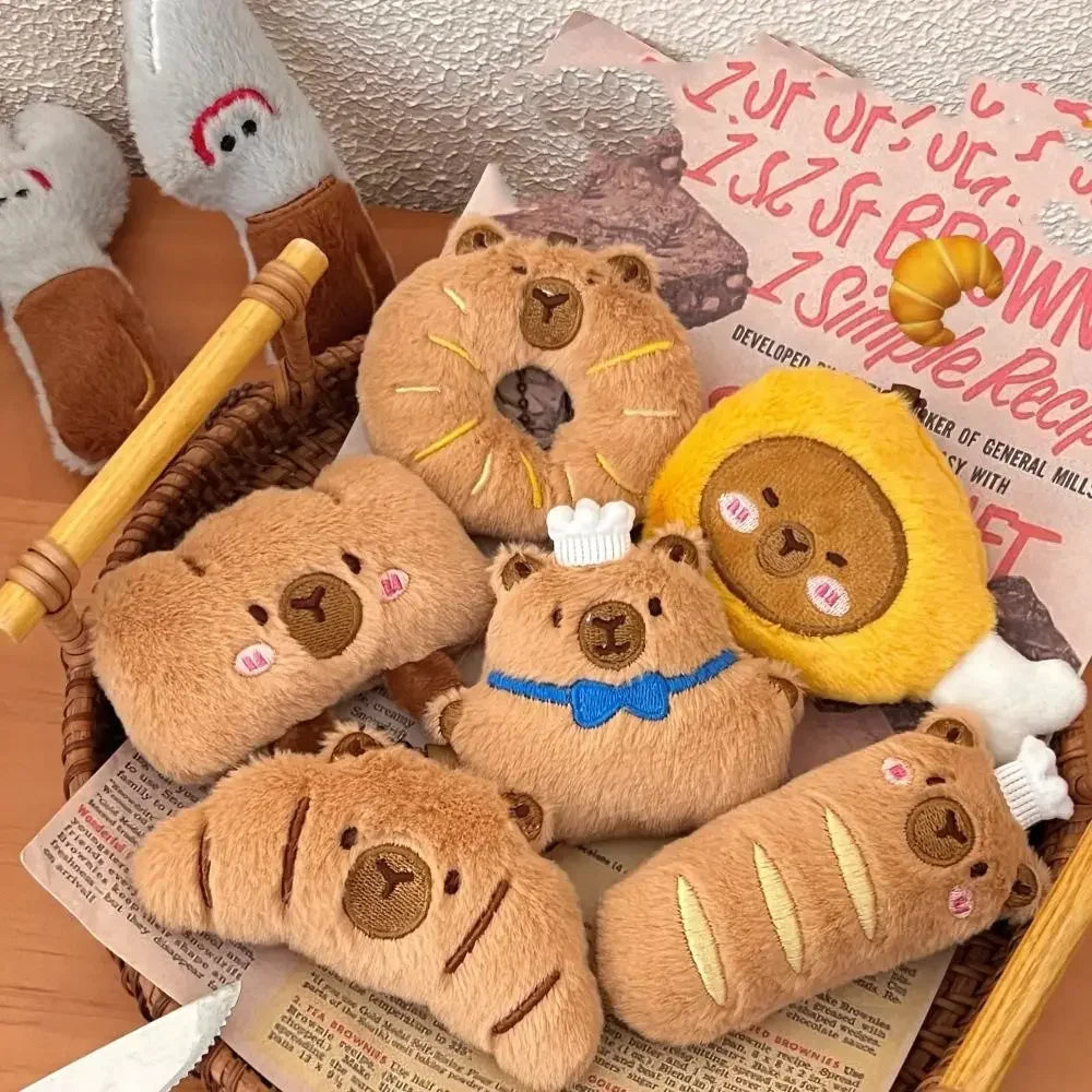 Collection of kawaii bear-themed plush toys in a basket with a newspaper underneath.
