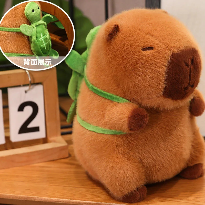 Brown kawaii plush toy with green ribbon on a wooden surface, with a close-up inset of a green turtle toy.