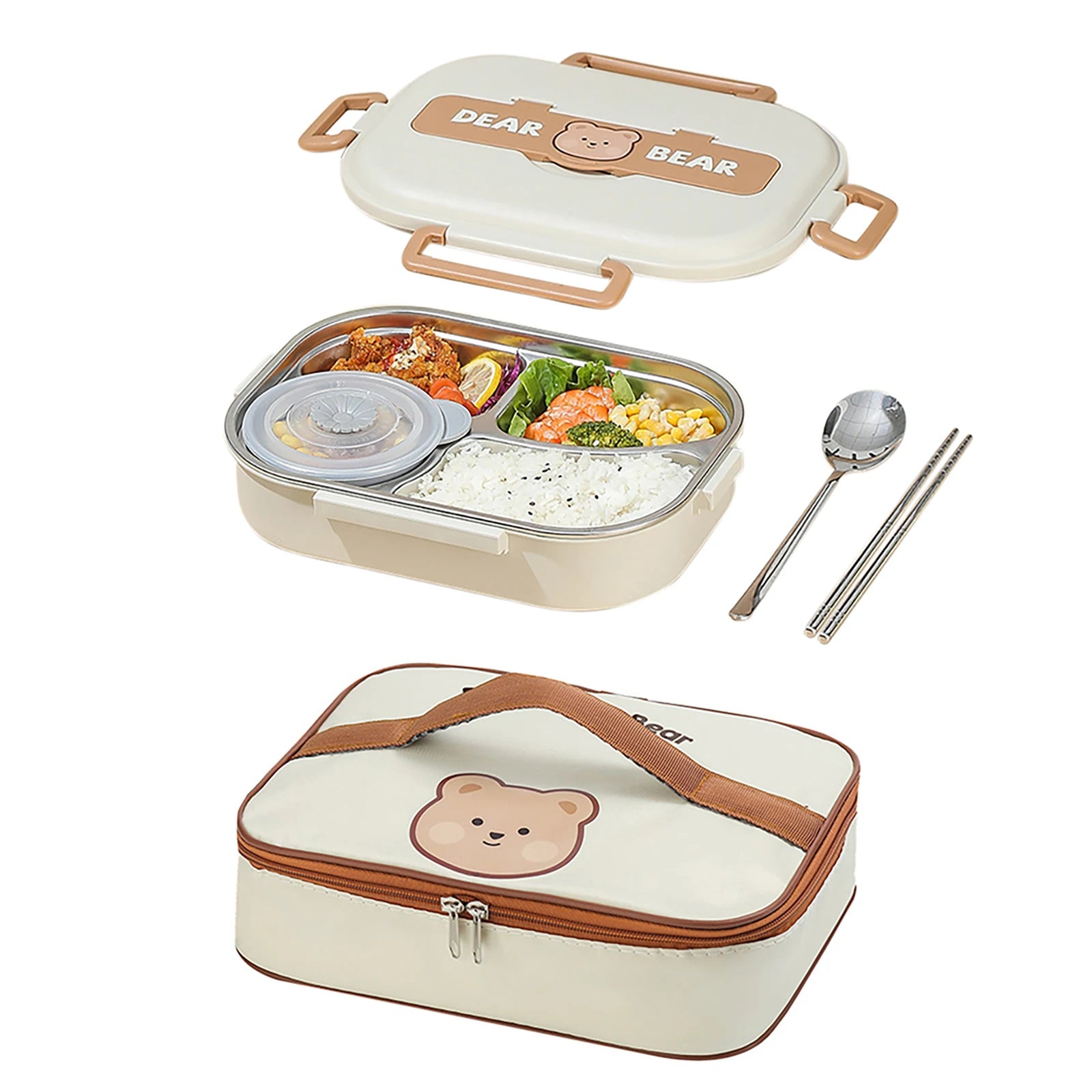 Kawaii bear-themed lunch box with compartments, food, spoon, and chopsticks on a white background