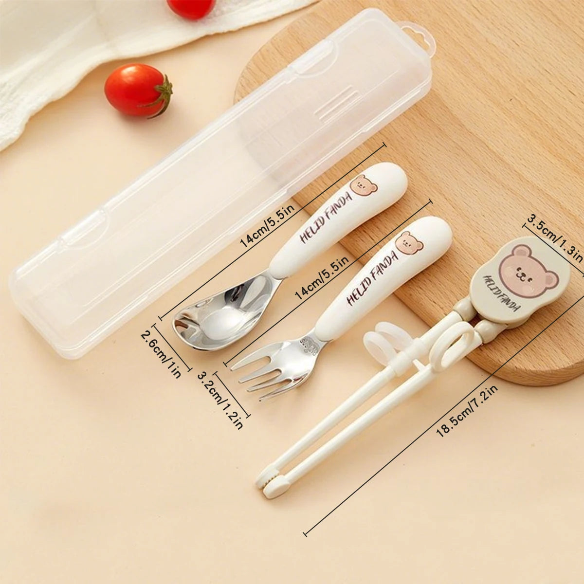 A set of white kawaii utensils with measurements