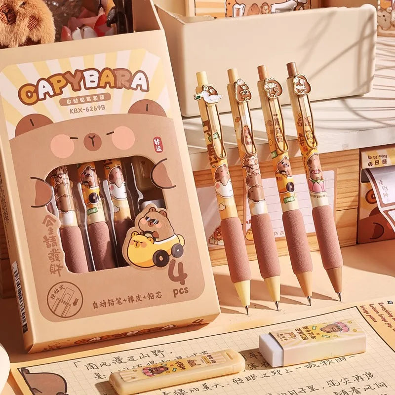 Set of kawaii cartoon animal-themed pens with packaging on a wooden surface
