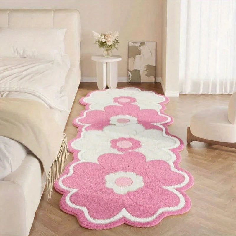 Pink floral kawaii rug on a wooden floor in a living room setting