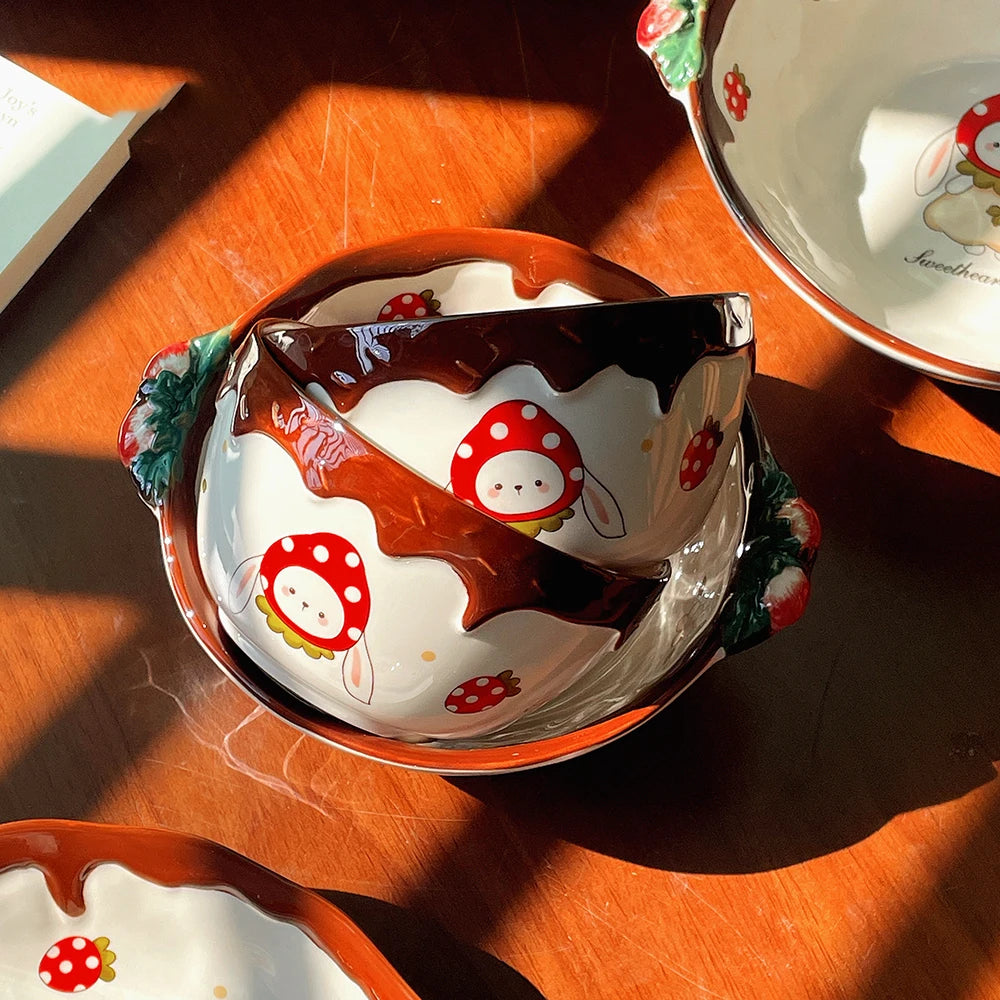 Two kawaii ramen bowls designed with bunny rabbits on it