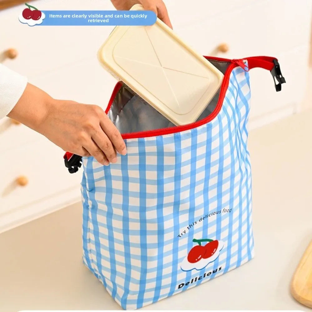 Blue checkered kawaii lunch bag with a red border being used to carry a container.