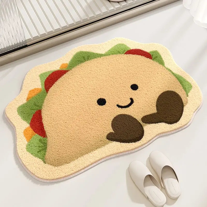 Taco-shaped kawaii rug with a smiling face on a white surface