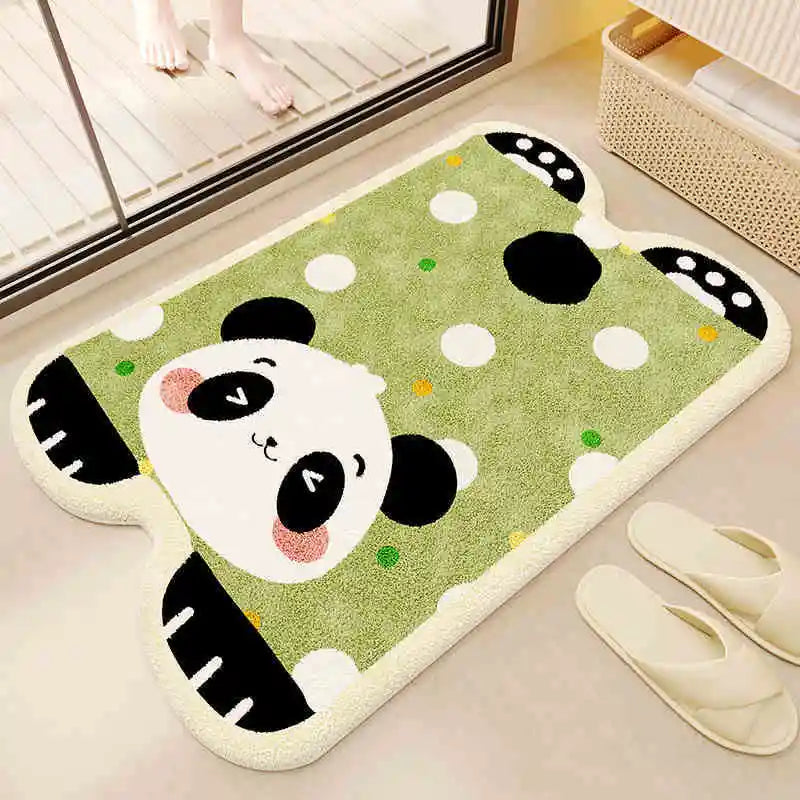 Cute panda design kawaii rug on a light wooden floor with white slippers nearby.