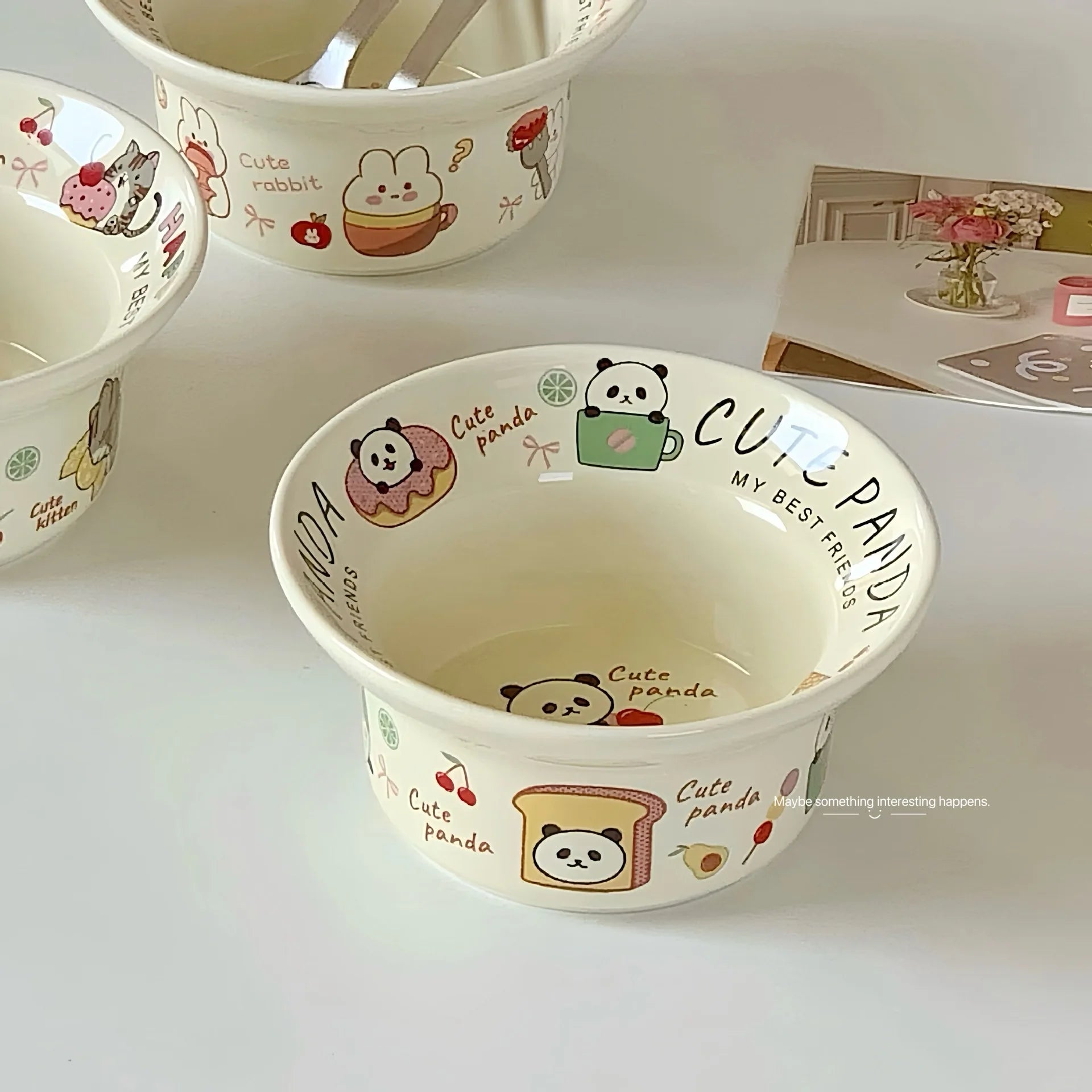 Cute panda-themed ceramic kawaii ramen bowl on a white surface