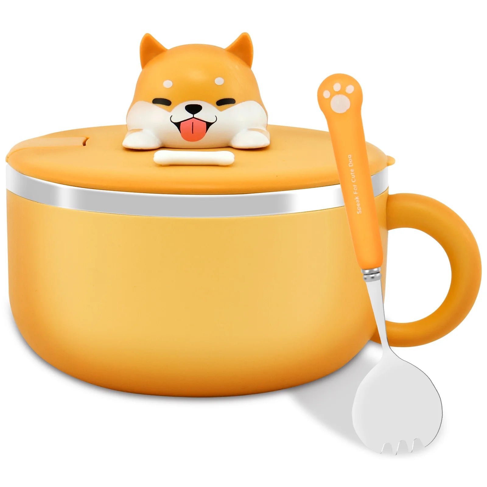 A yellow dog themed kawaii ramen bowl with spoon