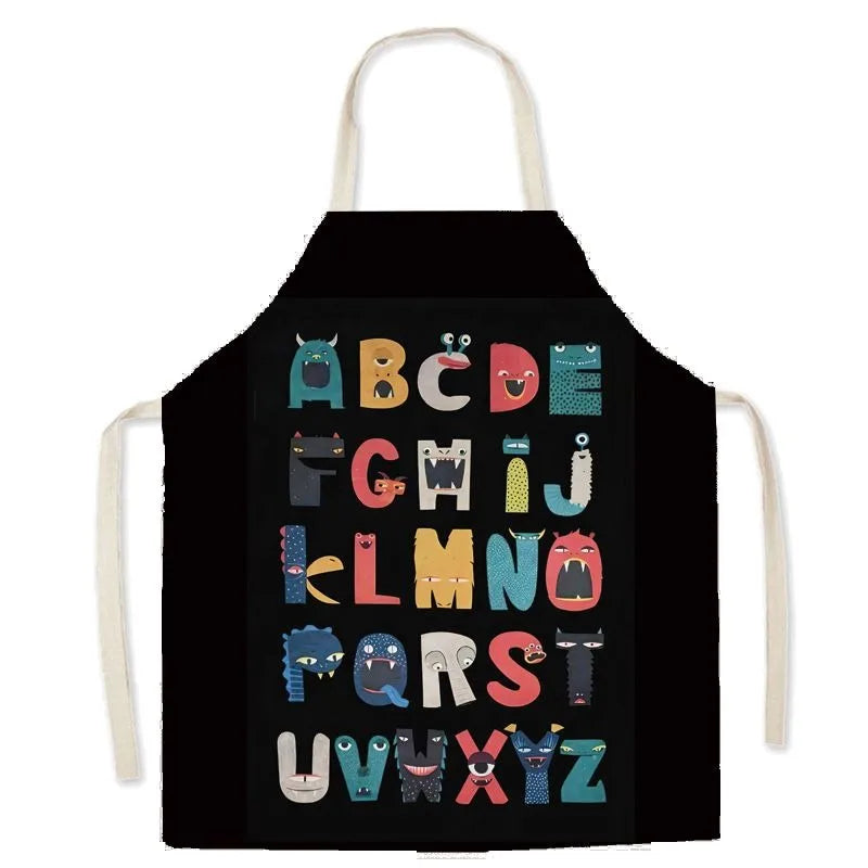 Black kawaii apron with colorful alphabet letters on a white background