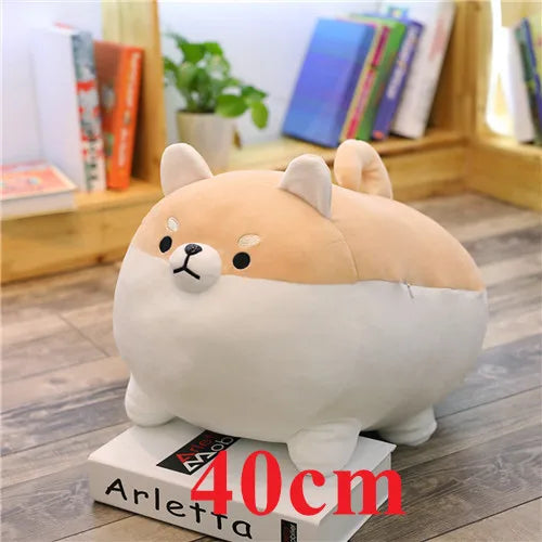 Plush kawaii toy dog on books with '40cm' label in a room setting