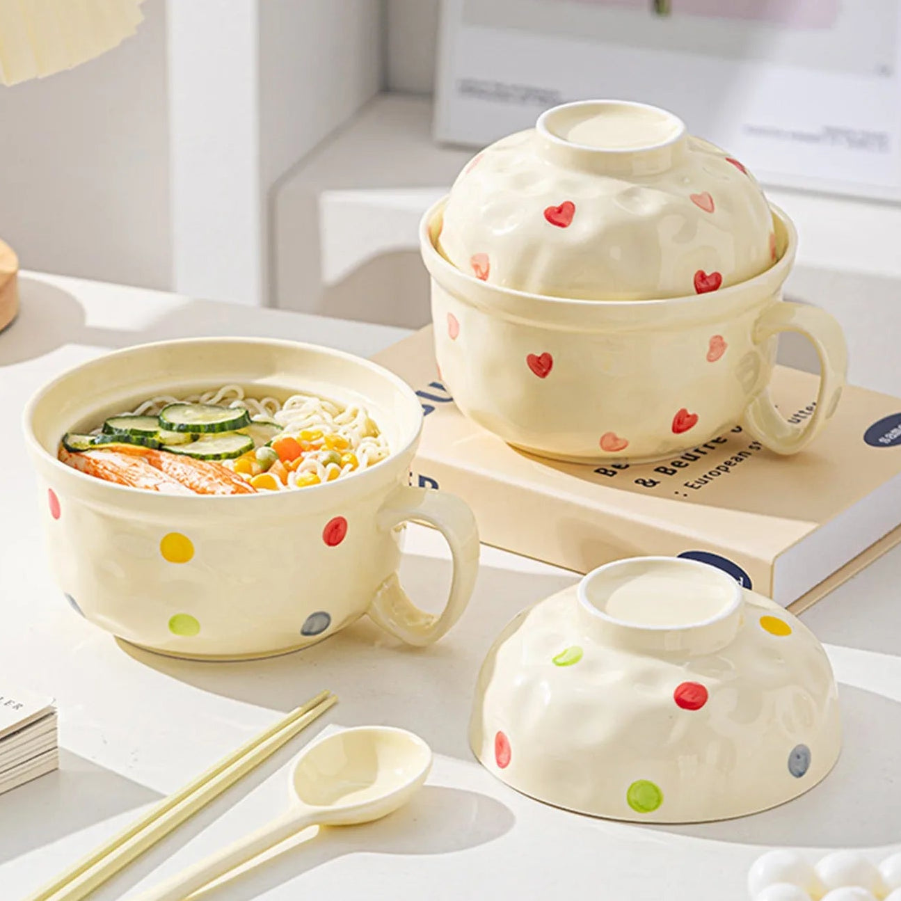 Ceramic noodle kawaii ramen bowl with lid featuring colorful polka dots on a white surface.