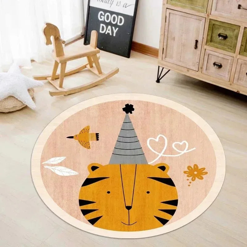 Round children's kawaii rug with a tiger design on a light wooden floor.