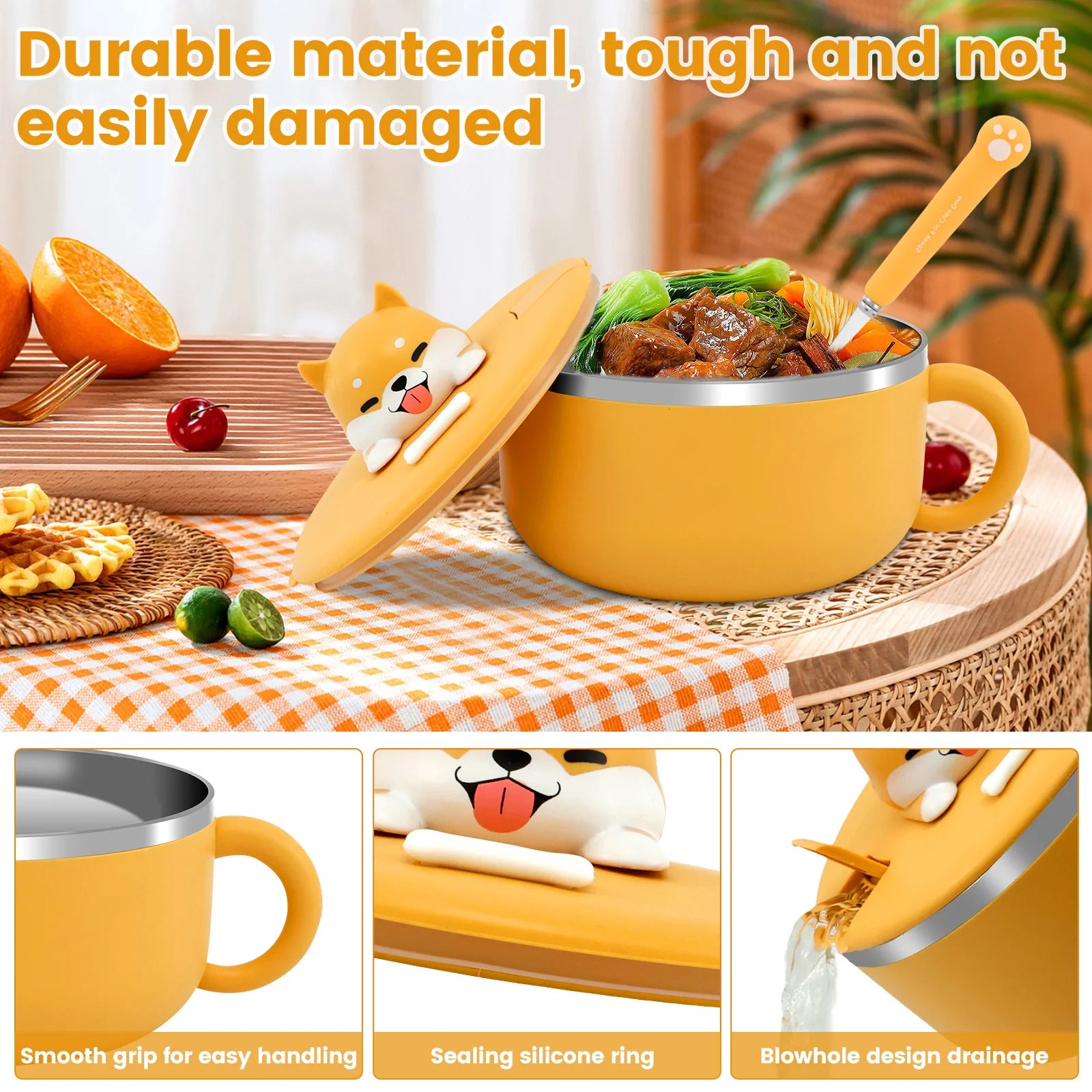 Yellow dog-shaped food kawaii ramen bowl with lid on a checkered tablecloth, surrounded by fruits and a plant.