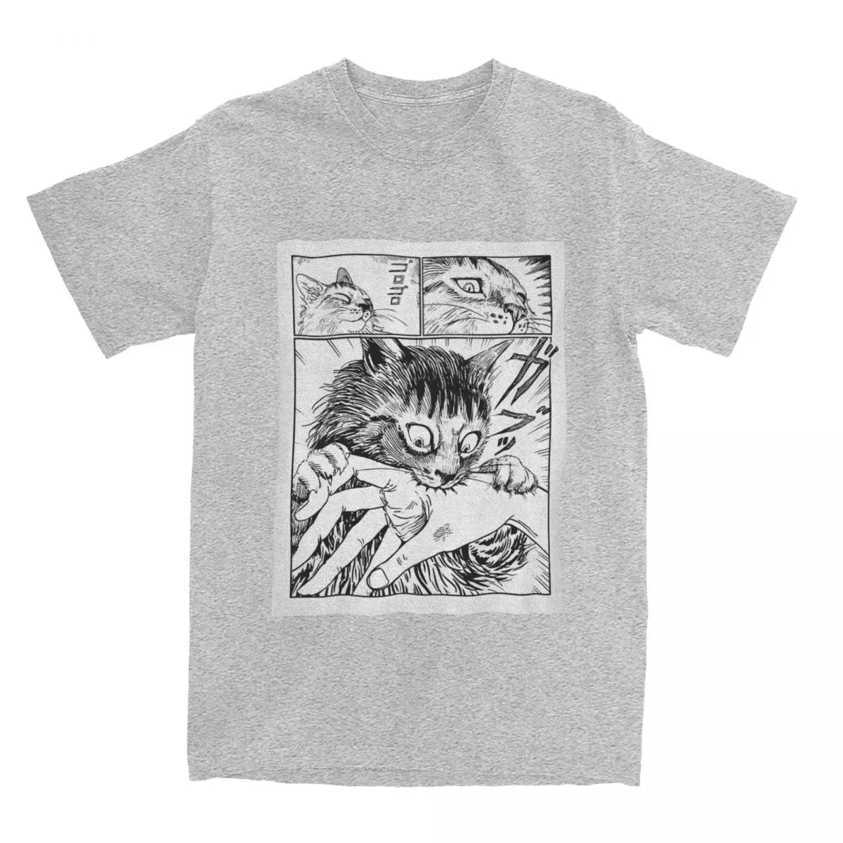 Gray t-shirt with black and white kawaii cat graphic design on a white background