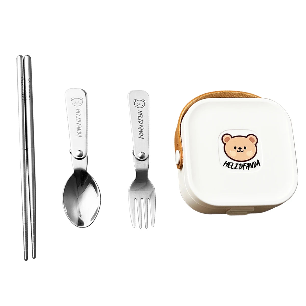 A white case with steel kawaii utensils on a white background
