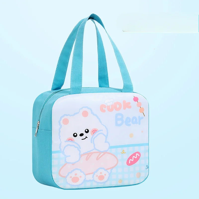 Children's kawaii lunch bag with a cartoon bear design on a light blue background