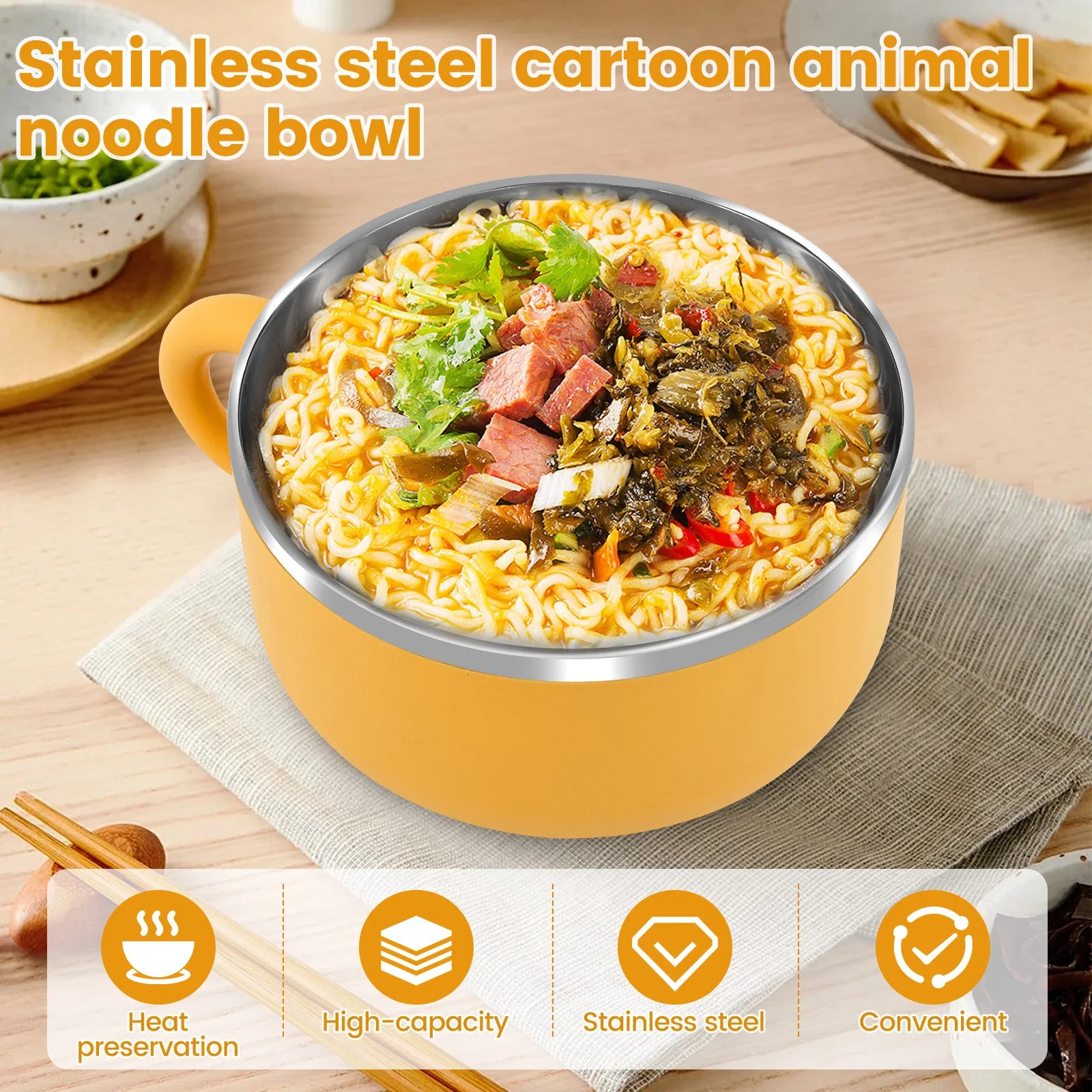 A yellow kawaii ramen bowl with noodles inside of it sitting on a table