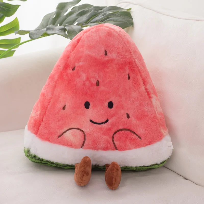 Kawaii plush toy shaped like a watermelon with a smiling face on a light-colored surface.