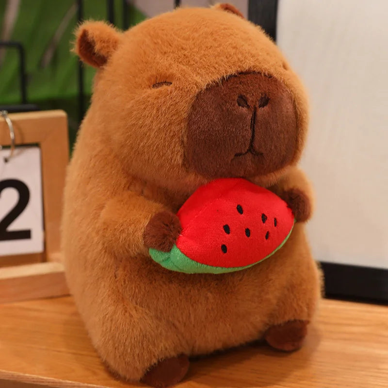 Kawaii plush toy bear holding a watermelon on a wooden surface