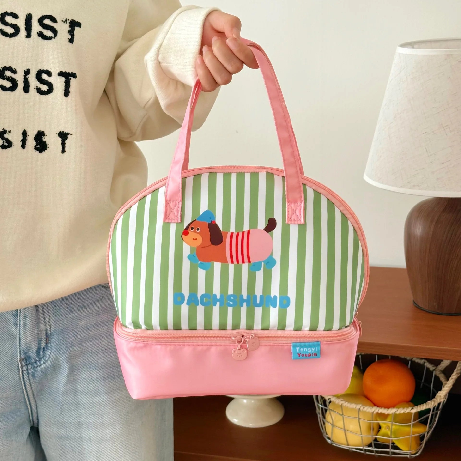 Person holding a green and pink striped kawaii lunch bag with a dog design, indoors.